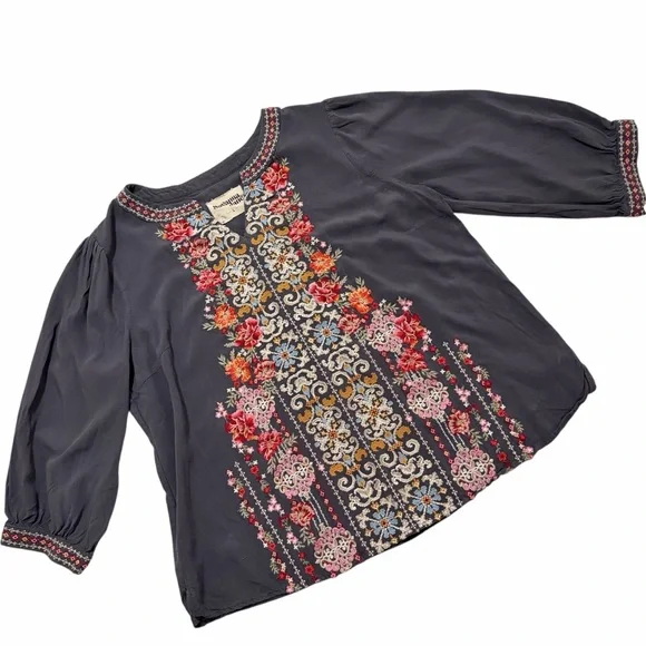 Savanna Jane Charcoal Gray Embroidered Tunic Top Size Large Boho Peasant Blouse - Picture 4 of 13